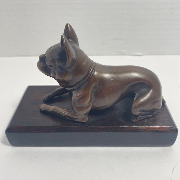 Vintage Bronze Bulldog Figurine On Wooden Base - Picture 4 of 9